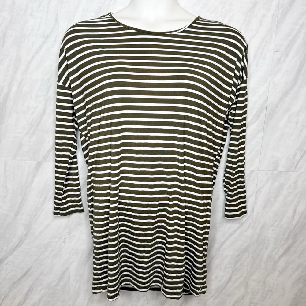 Mahina Olive and White Striped Sheath Dress Small